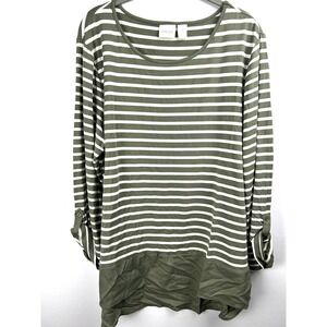 Chicos Women's Top US XL Green White‎ Long Sleeve Rayon Tunic Stripe Stretch